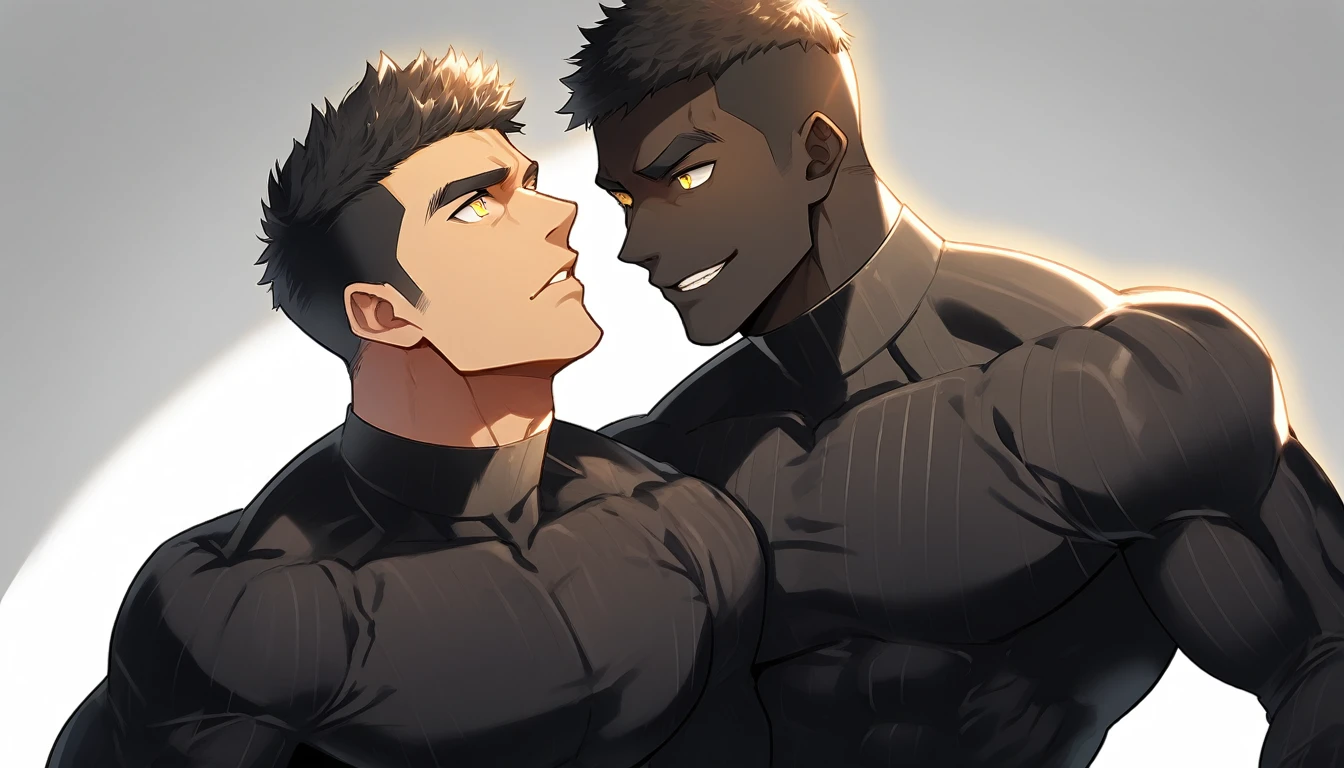 anime characters:Two superheroes in tights, Muscle superhero, negro black skin, They hugged and kissed each other, Caress, Manliness, male focus, Yellow and black striped high collar long sleeve tight T-shirt, Slightly transparent material, Very tight, Round, full and perky chest muscles, Male dog waist, Slightly transparent, muscular male, muscular, only, Upper body, alone, Black short hair, Thick eyebrows, stubble, Yellow eyes, Grey background, simple background, amazing quality, best aesthetics, Ridiculous, bright pupils, crew cut, parted lips, seductive smile, torogao, naughty face, drop shadow, best quality