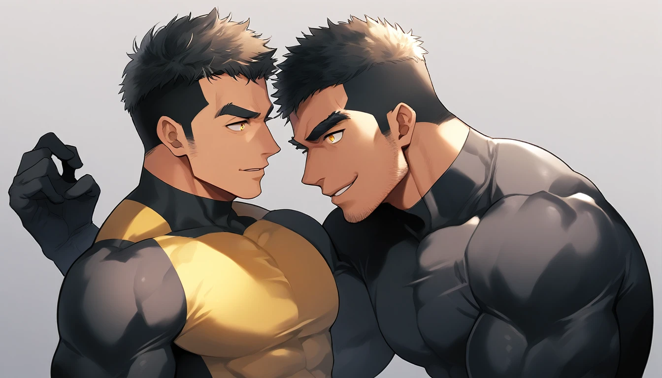 anime characters:Two superheroes in tights, Muscle superhero, negro black skin, They hugged and kissed each other, Caress, Manliness, male focus, Yellow and black striped high collar long sleeve tight T-shirt, Slightly transparent material, Very tight, Round, full and perky chest muscles, Male dog waist, Slightly transparent, muscular male, muscular, only, Upper body, alone, Black short hair, Thick eyebrows, stubble, Yellow eyes, Grey background, simple background, amazing quality, best aesthetics, Ridiculous, bright pupils, crew cut, parted lips, seductive smile, torogao, naughty face, drop shadow, best quality