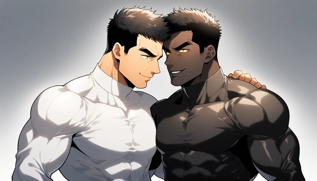anime characters:Two superheroes in tights, Muscle superhero, negro black skin, They hugged and kissed each other, Caress, Manliness, male focus, Yellow and black striped high collar long sleeve tight T-shirt, Slightly transparent material, Very tight, Round, full and perky chest muscles, Male dog waist, Slightly transparent, muscular male, muscular, only, Upper body, alone, Black short hair, Thick eyebrows, stubble, Yellow eyes, Grey background, simple background, amazing quality, best aesthetics, Ridiculous, bright pupils, crew cut, parted lips, seductive smile, torogao, naughty face, drop shadow, best quality