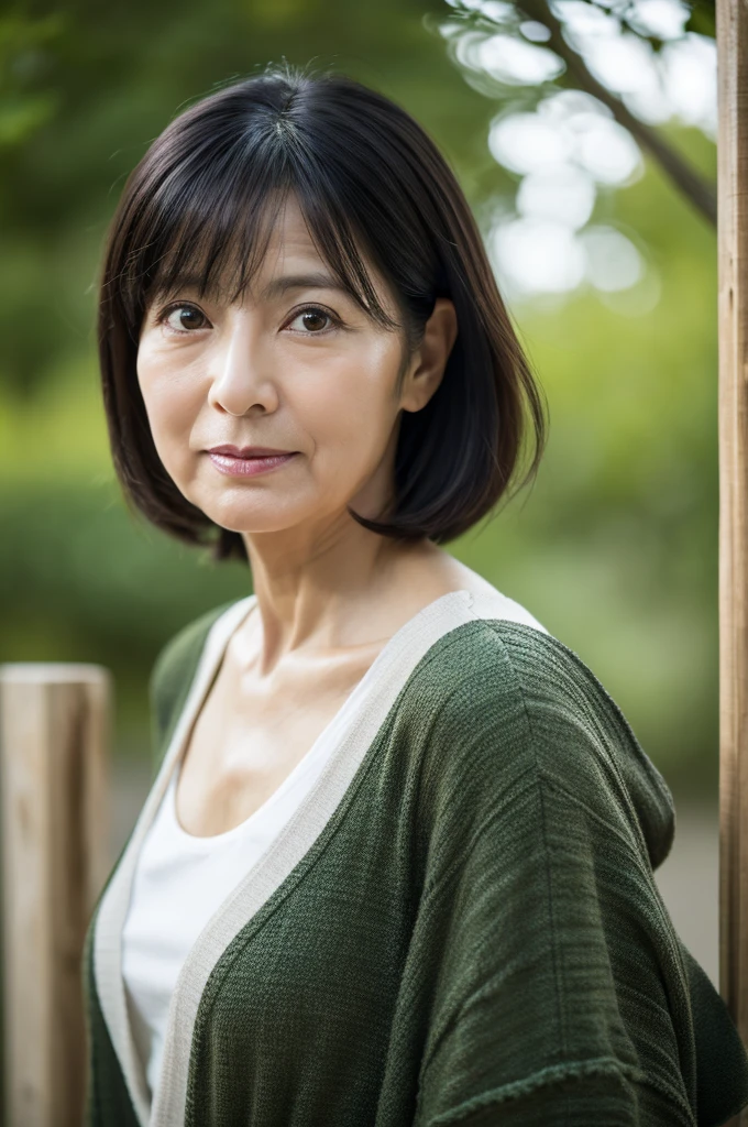 Beauty Witch, face,Up,Portraiture, 8K, high quality, Realistic Photographic Images, 50 years old, Japanese women, Neat and clean wife, small, housewife, Natural and realistic eyes, Japan Person Stand, small, beautiful Black Hair, short hair, light makeup, Octane Rendering, Beautiful lighting, Golden ratio composition, 笑face, Casual wear, Casual clothing, Natural background, Blurred Background, 4K, high quality, Realistic Photographic Images, Japanese women, 50 years old, 純日本face, Beautiful wife, Upper Body, small breasts, light makeup, No makeup, Pure beauty, Mature Woman, Sober clothes, gray, beige, green, Sober, Casual clothing, 笑face, Black Hair, small black eyes, Background Blur