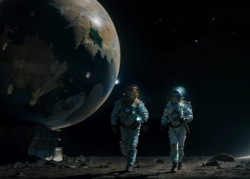  the astronaut in his space uniform walks with a device in his hands analyzing the unknown environment of the planet. Atmosphere of the day. ( An Android walks alongside the astronaut helping to collect mineral samples from the planet).