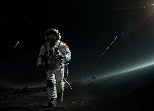 the astronaut in his space uniform walks with a device in his hands analyzing the unknown environment of the planet. Atmosphere of the day. ( An Android walks alongside the astronaut helping to collect mineral samples from the planet).