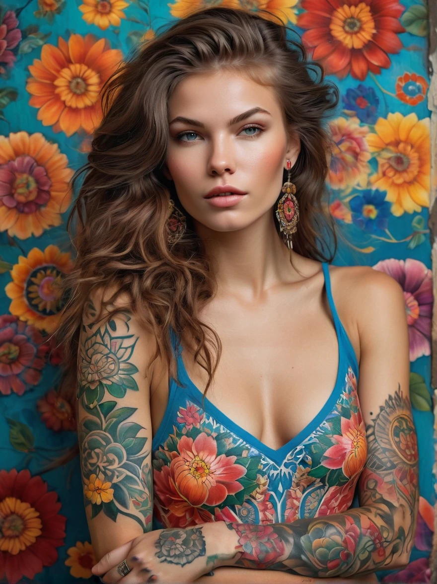 (Rebellious Russian girl),Brightly colored tattoos on arms:1.3),provocative gestures,medium flowing hair,The happy expression is bold and bright,Detailed flowers and mandalas,anatomically correcte, texturized skin, In front of a naturalistic background,Add whimsy to the scene, To enhance the sharpness and modernity of the scene,Sharp lines,Bold stroke numbers, front view