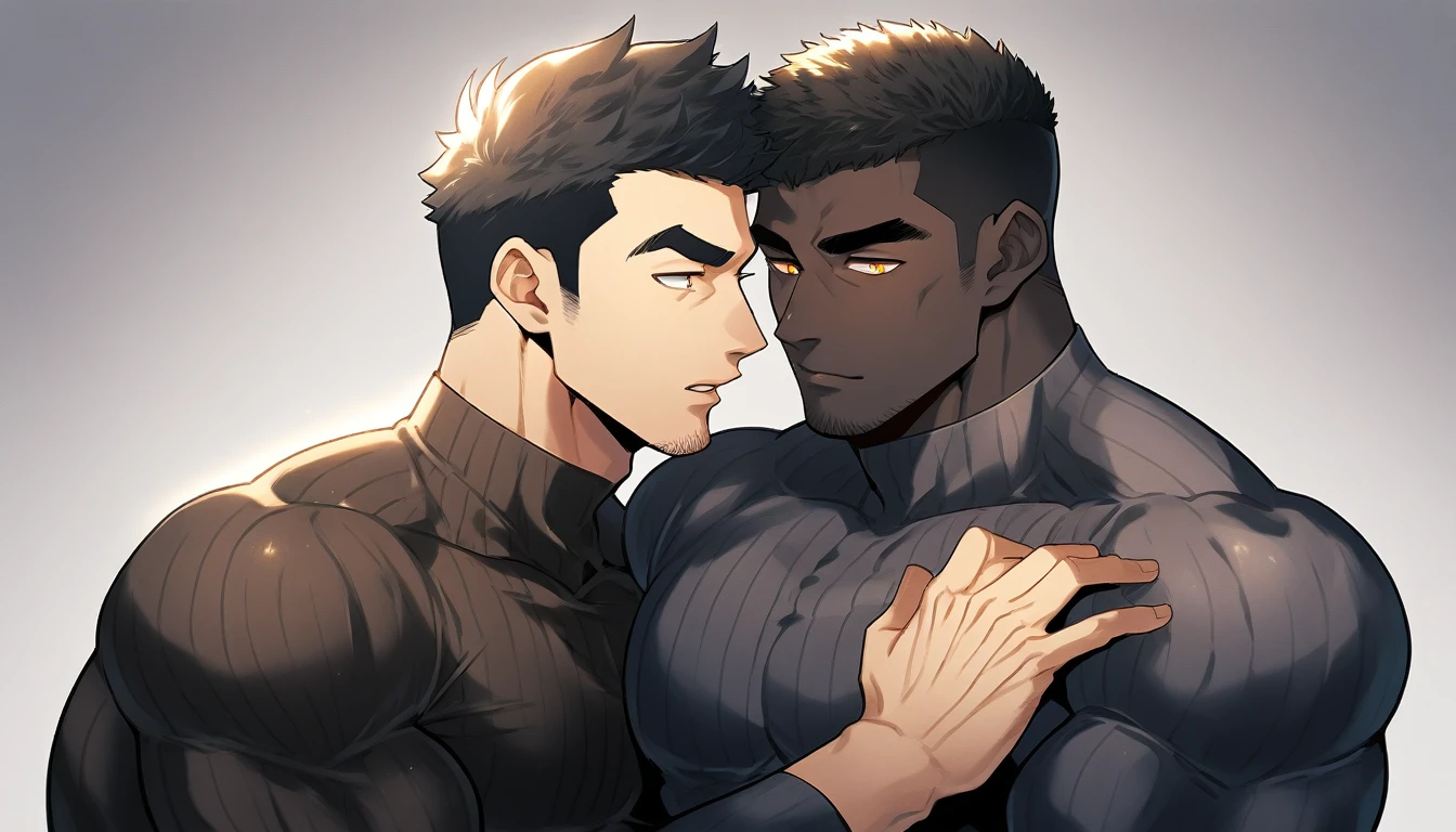 anime characters:Two superheroes in tights, Muscle superhero, negro black skin, They hugged and kissed each other, Caress, Manliness, male focus, Yellow and black striped high collar long sleeve tight T-shirt, Slightly transparent material, Very tight, Round, full and perky chest muscles, Male dog waist, Slightly transparent, muscular male, muscular, only, Upper body, alone, Black short hair, Thick eyebrows, stubble, Yellow eyes, Grey background, simple background, amazing quality, best aesthetics, Ridiculous, bright pupils, crew cut, parted lips, seductive smile, torogao, naughty face, drop shadow, best quality