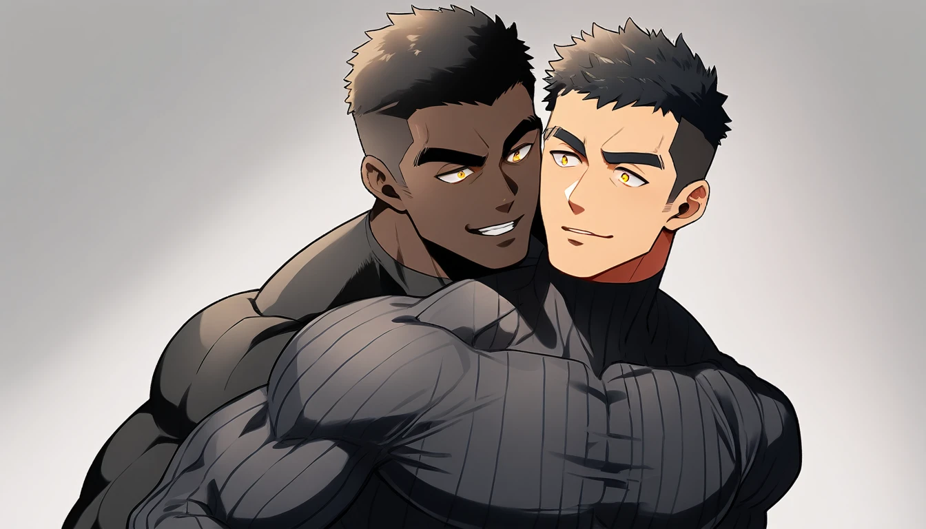 anime characters:Two superheroes in tights, Muscle superhero, negro black skin, They hugged and kissed each other, Caress, Manliness, male focus, Yellow and black striped high collar long sleeve tight T-shirt, Slightly transparent material, Very tight, Round, full and perky chest muscles, Male dog waist, Slightly transparent, muscular male, muscular, only, Upper body, alone, Black short hair, Thick eyebrows, stubble, Yellow eyes, Grey background, simple background, amazing quality, best aesthetics, Ridiculous, bright pupils, crew cut, parted lips, seductive smile, torogao, naughty face, drop shadow, best quality