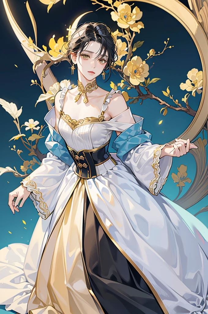 best quality, masterpiece, extremely detailed, short hair, messy black hair, bedroom eyes, soft yellow eyes, fancy light blue and white Japanese style suit, gold corset, small waist, gold earrings, hands behind back, proper pose, full body view, male, masculine man, one person, standing, alone, one man