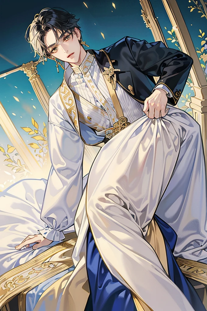 best quality, masterpiece, extremely detailed, short hair, messy black hair, bedroom eyes, soft yellow eyes, fancy light blue and white Japanese style suit, gold corset, small waist, gold earrings, hands behind back, proper pose, full body view, male, masculine man, one person, standing, alone, one man