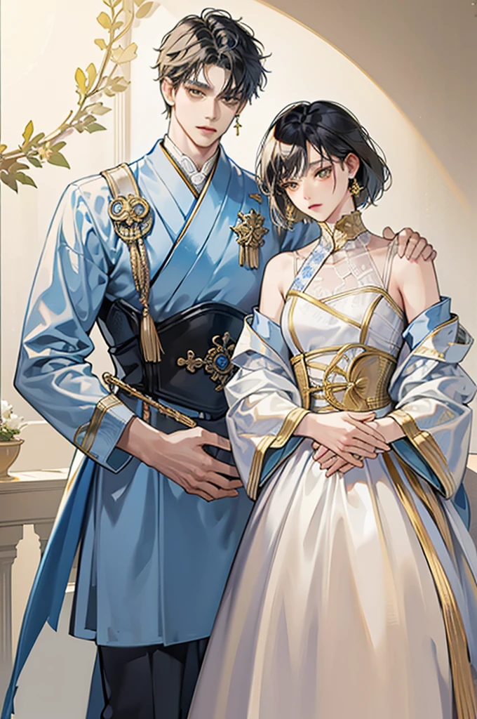 best quality, masterpiece, extremely detailed, short hair, messy black hair, bedroom eyes, soft yellow eyes, fancy light blue and white Japanese style suit, gold corset, small waist, gold earrings, hands behind back, proper pose, full body view, male, masculine man, one person, standing, alone, one man