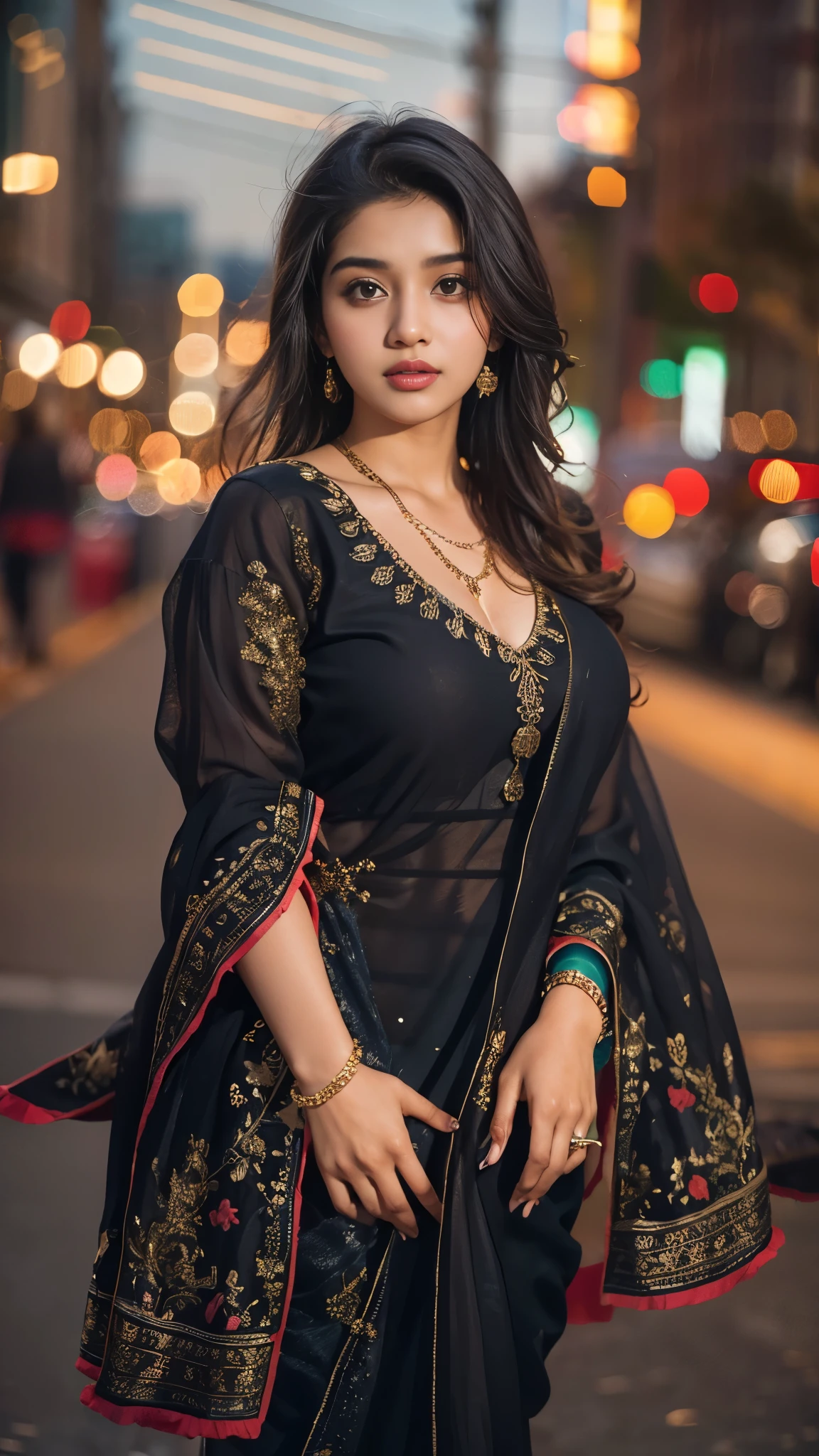 (((Desi Girl))), chubby face, natural skin, Wearing a hot deep neck top and dupatta., Attractive black hair, ((The ends of my hair are blonde)), city street background, bokeh