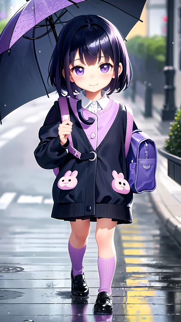 An incredibly charming little 5 year girl, carrying a backpack, accompanied by her adorable puppy, she is walking under rainy day with a purple umbrella on the Street. The illustration is in high definition at 4k resolution, with highly-detailed facial features and cartoon-style visuals. Animation 3d style 