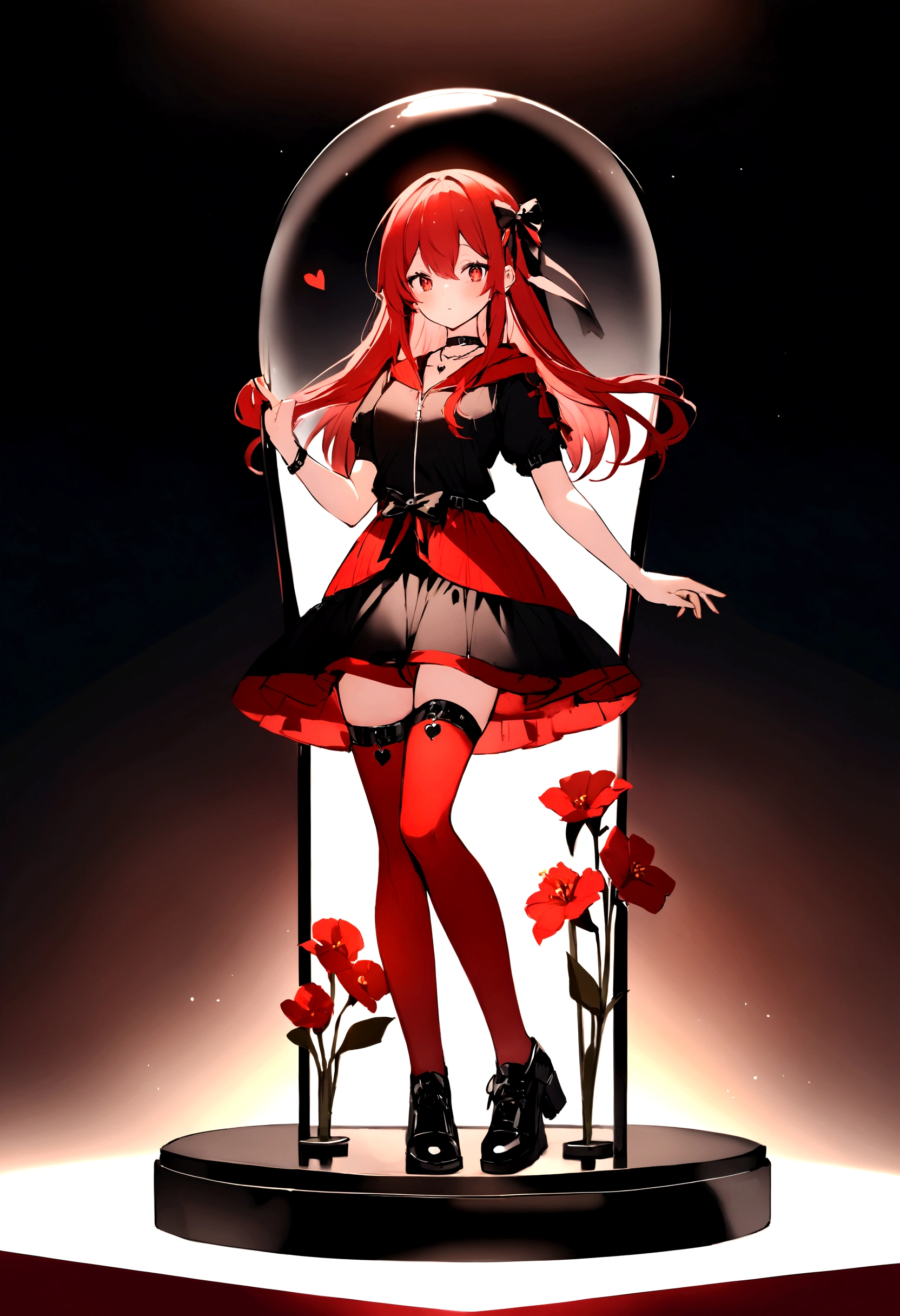 a with a red skirt and a black skirt that is under the red shirt . red stockings . red zip up hoodie, black shirt underneath with short sleeves and ,red hair, long hair and a flower with a ribbon on the bottom on the side on the hair and red eyes has a black Choker , and a small heart red necklace , full body has a ribbon bow waistband Hour glass figure 