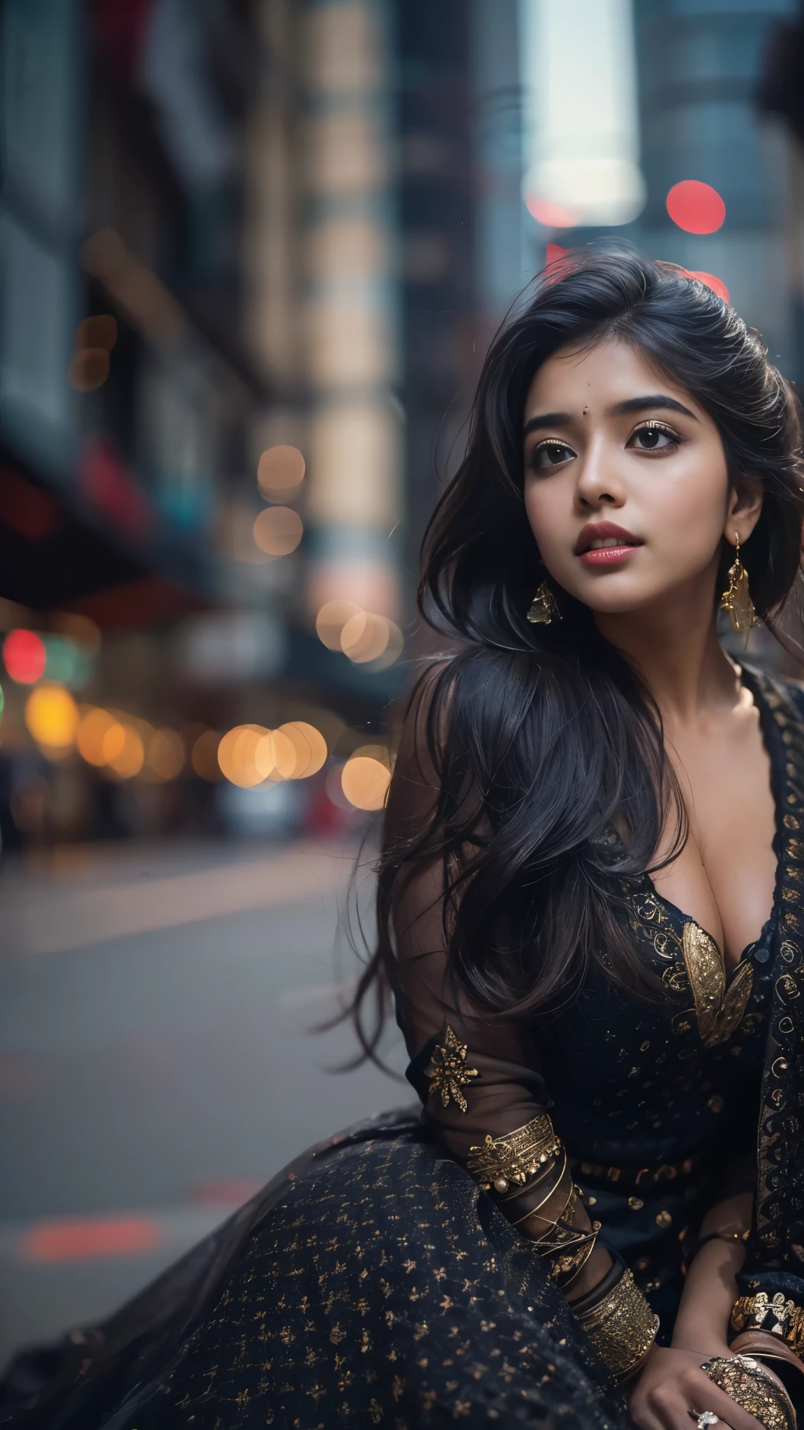 (((Desi Girl))), chubby face, natural skin, Wearing a hot deep neck top and dupatta., Attractive black hair, ((The ends of my hair are blonde)), city street background, bokeh