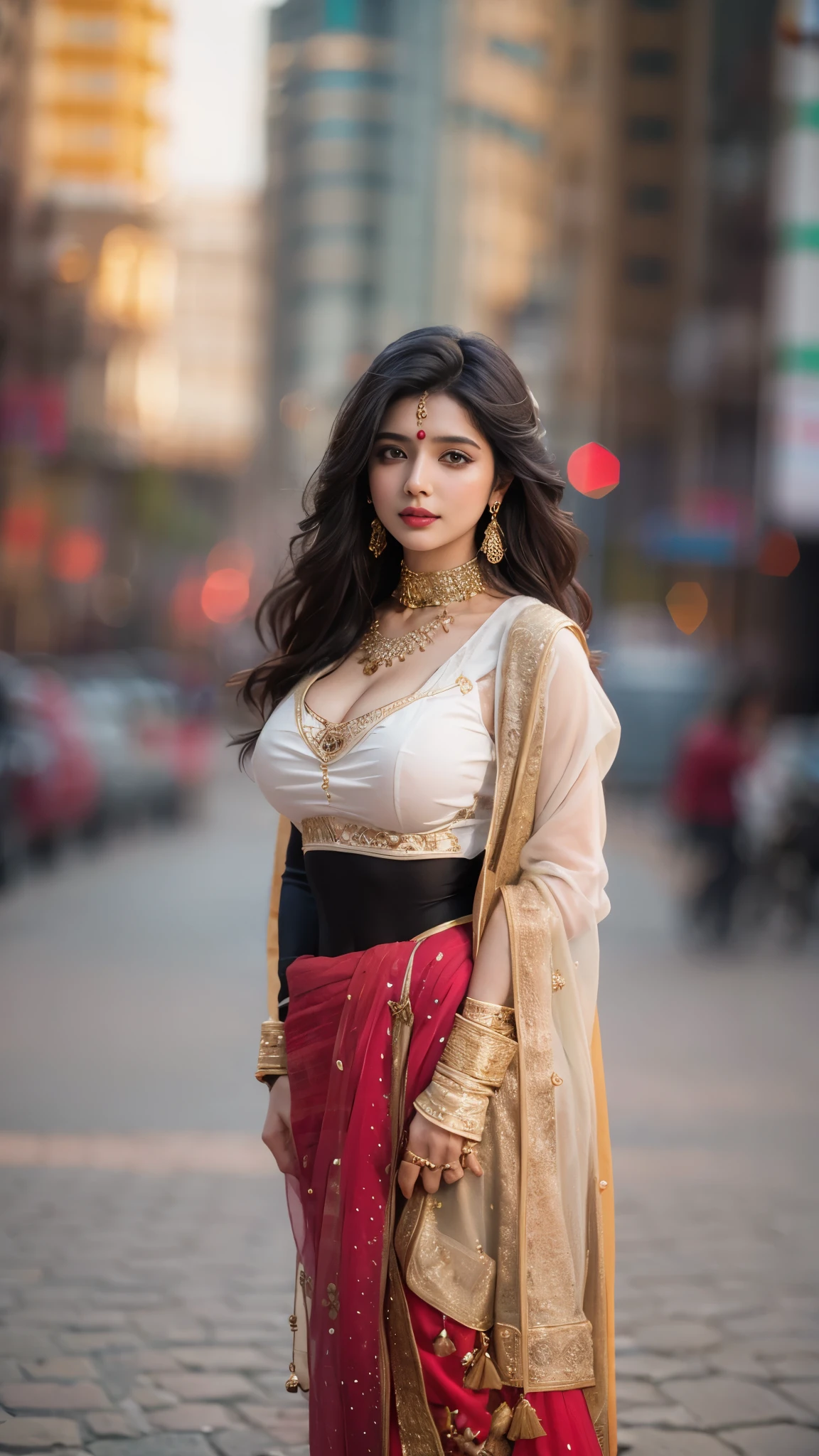 (((Desi Girl))), mature face, natural skin, Wearing a hot deep neck top and dupatta., Attractive black hair, ((The ends of my hair are blonde)), city street background, bokeh, Beautiful whole body, big breasts