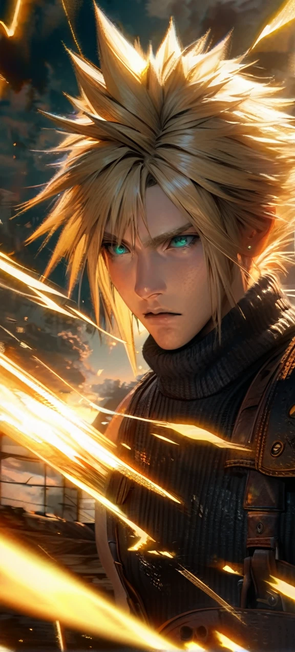 Symetrical,absurdres, highres, ultra detailed, HDR, masterpiece, extremely detailed face and eyes, Cloud Strife,final fantasy 7, yellow hair , , solo, man, handsome, ,, , Epic fight scene, yellow lightning effect, glowing glitters