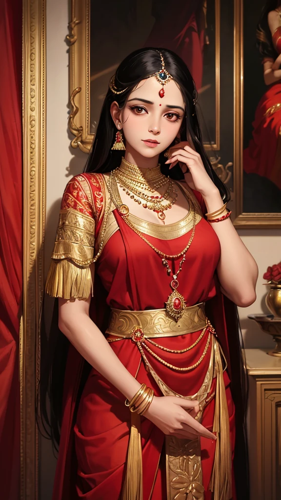 painting of a women in red dress with gold neckless,inspired by ravi varma ,by ravi varma,portrait of a beautiful goddess,beautiful face,brown skin,beautiful hands and fingers,charming,ravshing beauty of a women,portrait oil painting of realistic indian women,16k resolution