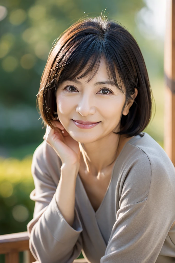 Beauty Witch, Face up,Portraiture, 8K, high quality, Realistic Photographic Images, 50 years old, Japanese women, Neat and clean wife, small, housewife, Natural and realistic eyes, Japan Person Stand, small, beautiful Black Hair, short hair, light makeup, Octane Rendering, Beautiful lighting, Golden ratio composition, smile, Casual wear, Casual clothing, Natural background, Blurred Background, 4K, high quality, Realistic Photographic Images, Japanese women, 50 years old, Pure Japanese face, Beautiful wife, Upper Body, small breasts, light makeup, No makeup, Pure beauty, Mature Woman, Sober clothes, gray, beige, green, Sober, Casual clothing, smile, Black Hair, small black eyes, Background Blur