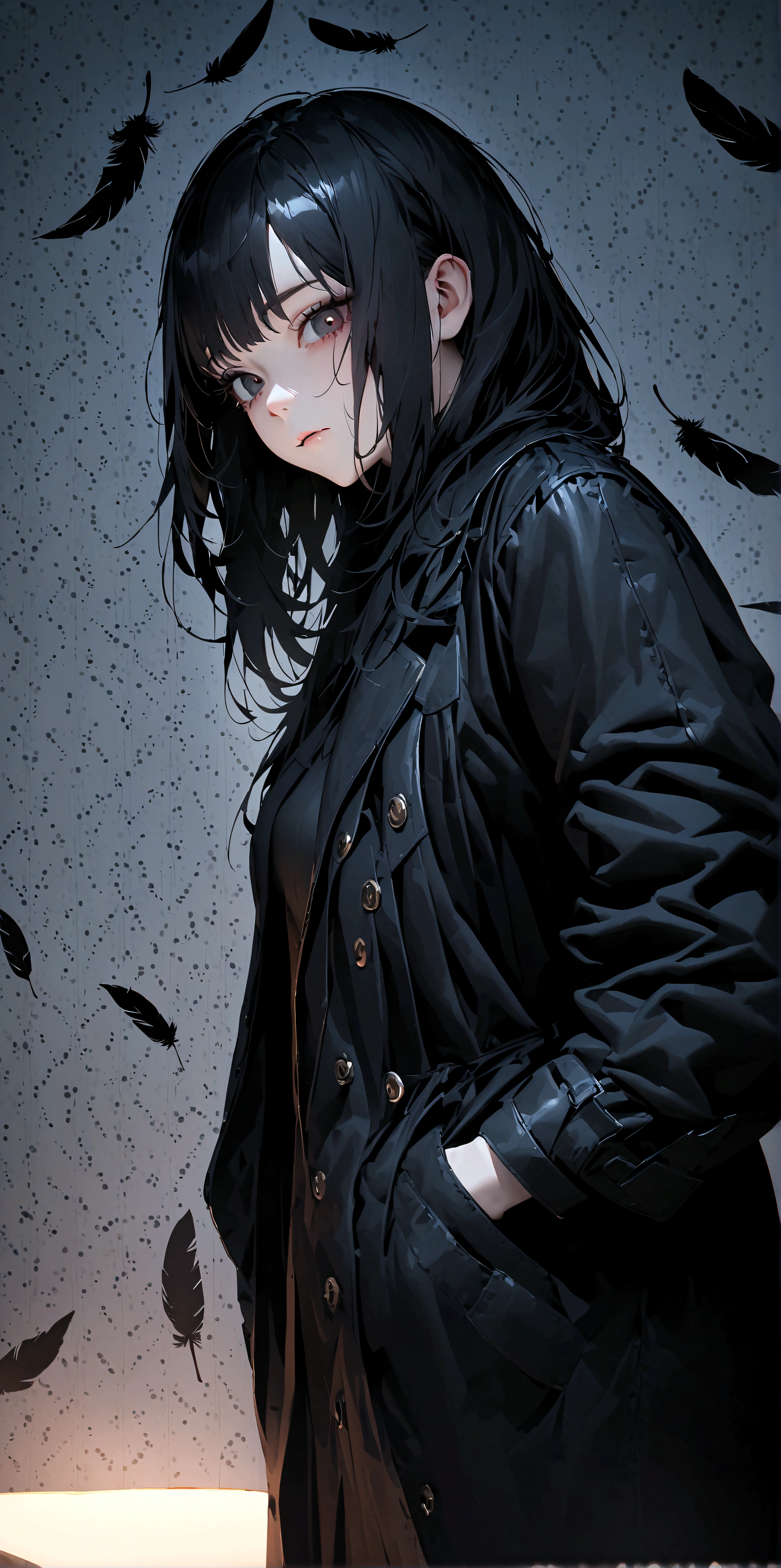 masterpiece, best quality,8k,wallpaper of extremely detailed CG unit,hight resolution,top-quality,top-quality real texture skin,hyper realisitic,increase the resolution,RAW photos,best qualtiy,highly detailed,the wallpaper, BREAK ,1girl,long black hair, dark slit eyes, long eyelashes, long black trench coat, pale skin, hands in pockets, lethargic face, dark circles under her eyes, looking down at viewer, many raven feathers are flying in the sky around her