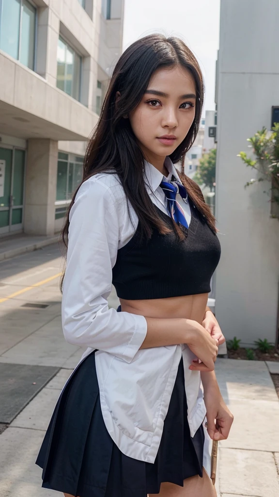 wearing an academy prep highschool uniform, instagram influencer model, 4k ultra realistic, korean school concept, double eyelids, beautiful eyes, use the same facial features for all images