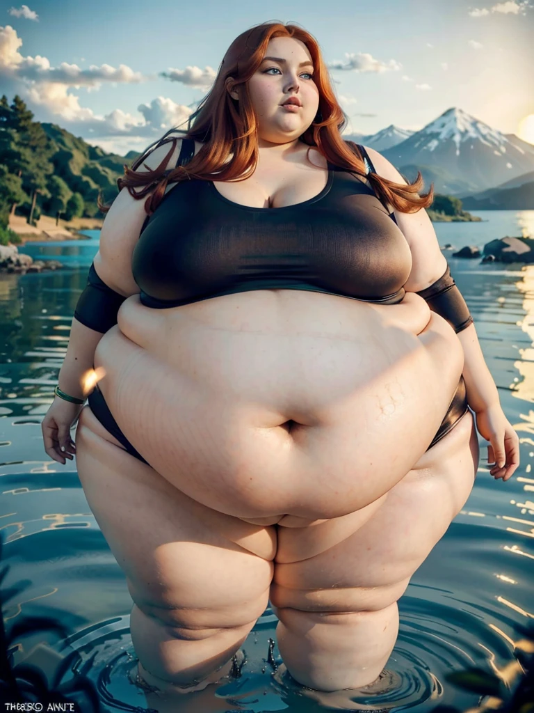 The most beautiful very obese young obese ussbbw fat redhead woman with long rich curly natural ginger hair, natural beautiful cute face, blue eyes, freckles on face and body, busty obese ussbbw fat feminine body, huge fat obese bloated soft belly, very wide hips and large fat booty, fat arms, thicc fat wide obese legs in a tight swimsuit in a lake at sunset