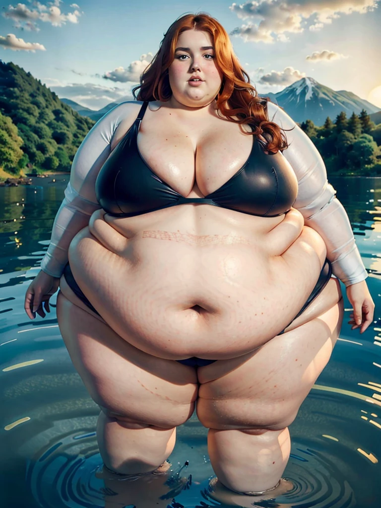 The most beautiful very obese young obese ussbbw fat redhead woman with long rich curly natural ginger hair, natural beautiful cute face, blue eyes, freckles on face and body, busty obese ussbbw fat feminine body, huge fat obese bloated soft belly, very wide hips and large fat booty, fat arms, thicc fat wide obese legs in a tight bikini in a lake at sunset