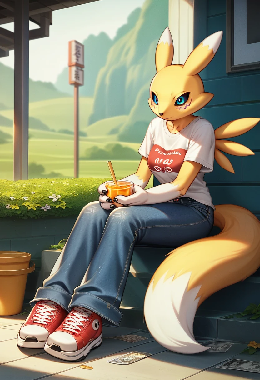Fraction_9, Fraction_8_up, Fraction_7_up, Fraction_6_Direction_5_Direction_4_up, rest, src_Japanese cartoons, Endless, Official Art, masterpiece, 1 Girl, renamon (Digimon), anthropology, Lovely, , very younger, young, , Uncensored, Oversized T-shirt, big jeans, Sexy, Honey, prostitute, Dagasi, Blink