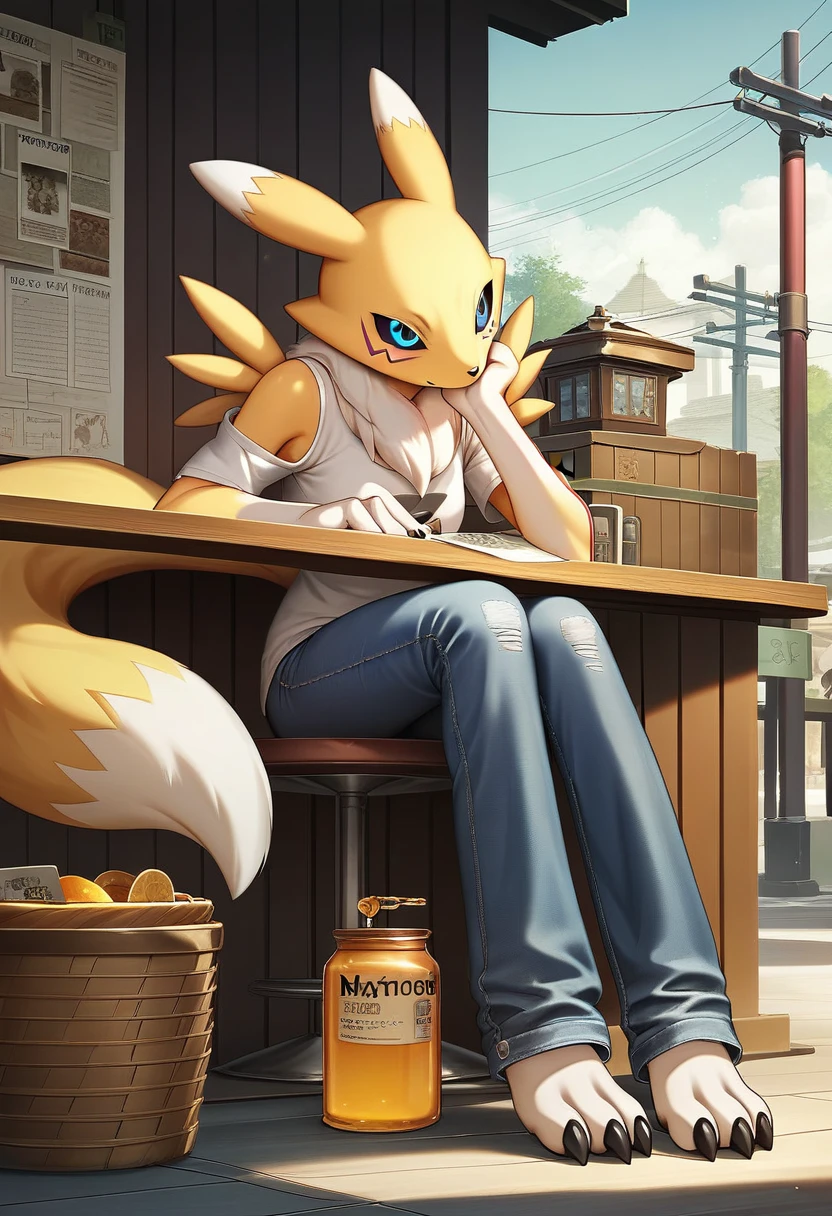 Fraction_9, Fraction_8_up, Fraction_7_up, Fraction_6_Direction_5_Direction_4_up, rest, src_Japanese cartoons, Endless, Official Art, masterpiece, 1 Girl, renamon (Digimon), anthropology, Lovely, , very younger, young, , Uncensored, Oversized T-shirt, big jeans, Sexy, Honey, prostitute, Dagasi, Blink