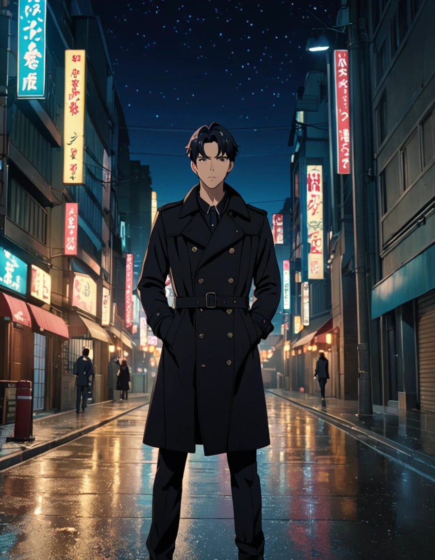 Close-up of a 29-year-old man in a black trench coat, looking at the viewer, (Alone), Standing, full body shot, on a night street in the background, anime screencap, Masterpiece, The best quality, high detail