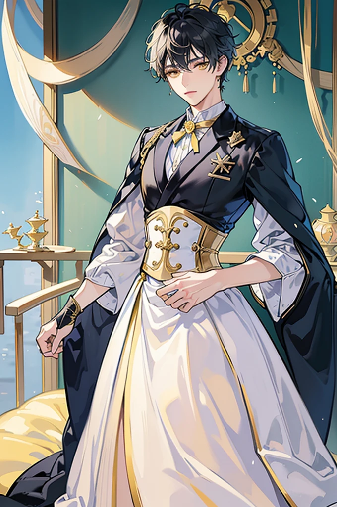 best quality, masterpiece, extremely detailed, short hair, messy black hair, bedroom eyes, soft yellow eyes, fancy light blue and white Japanese style suit, gold corset, small waist, gold earrings, hands behind back, proper pose, full body view, male, masculine man, one person, standing, alone, one man