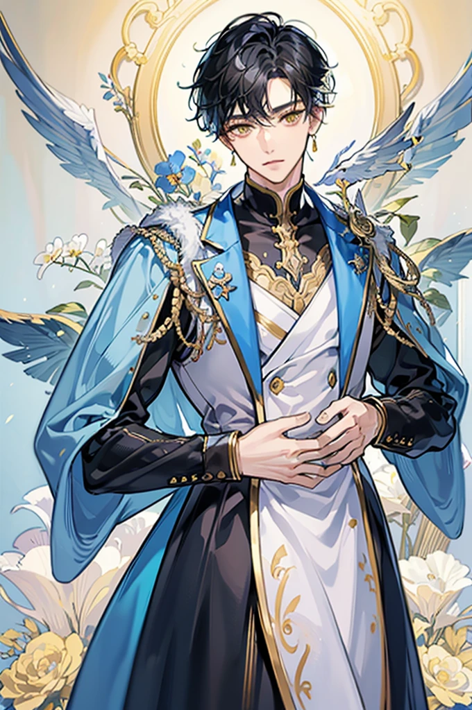 best quality, masterpiece, extremely detailed, short hair, messy black hair, bedroom eyes, soft yellow eyes, fancy light blue and white Japanese style suit, gold corset, small waist, gold earrings, hands behind back, proper pose, full body view, male, masculine man, one person, standing, alone, one man