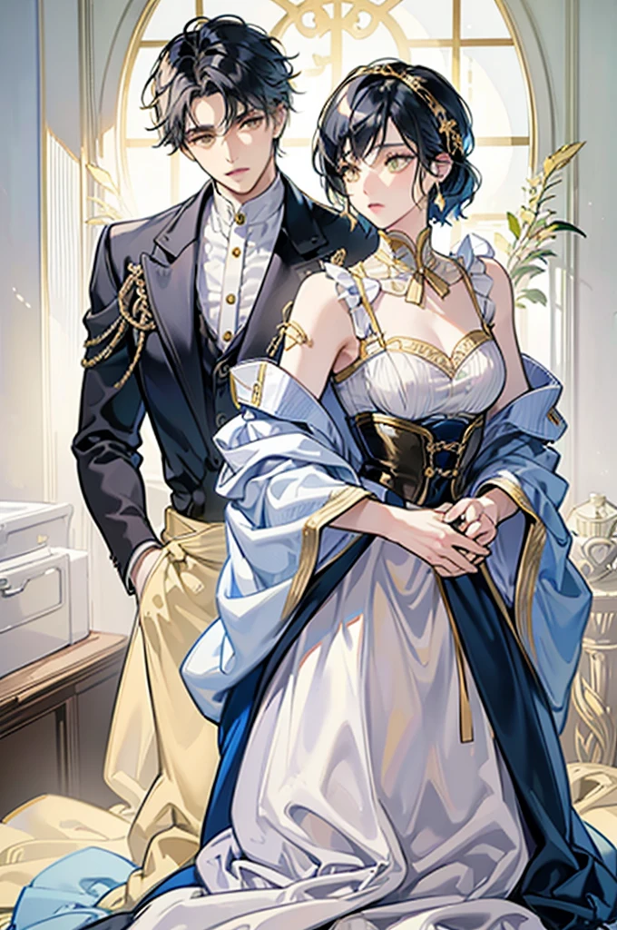 best quality, masterpiece, extremely detailed, short hair, messy black hair, bedroom eyes, soft yellow eyes, fancy light blue and white Japanese style suit, gold corset, small waist, gold earrings, hands behind back, proper pose, full body view, male, masculine man, one person, standing, alone, one man