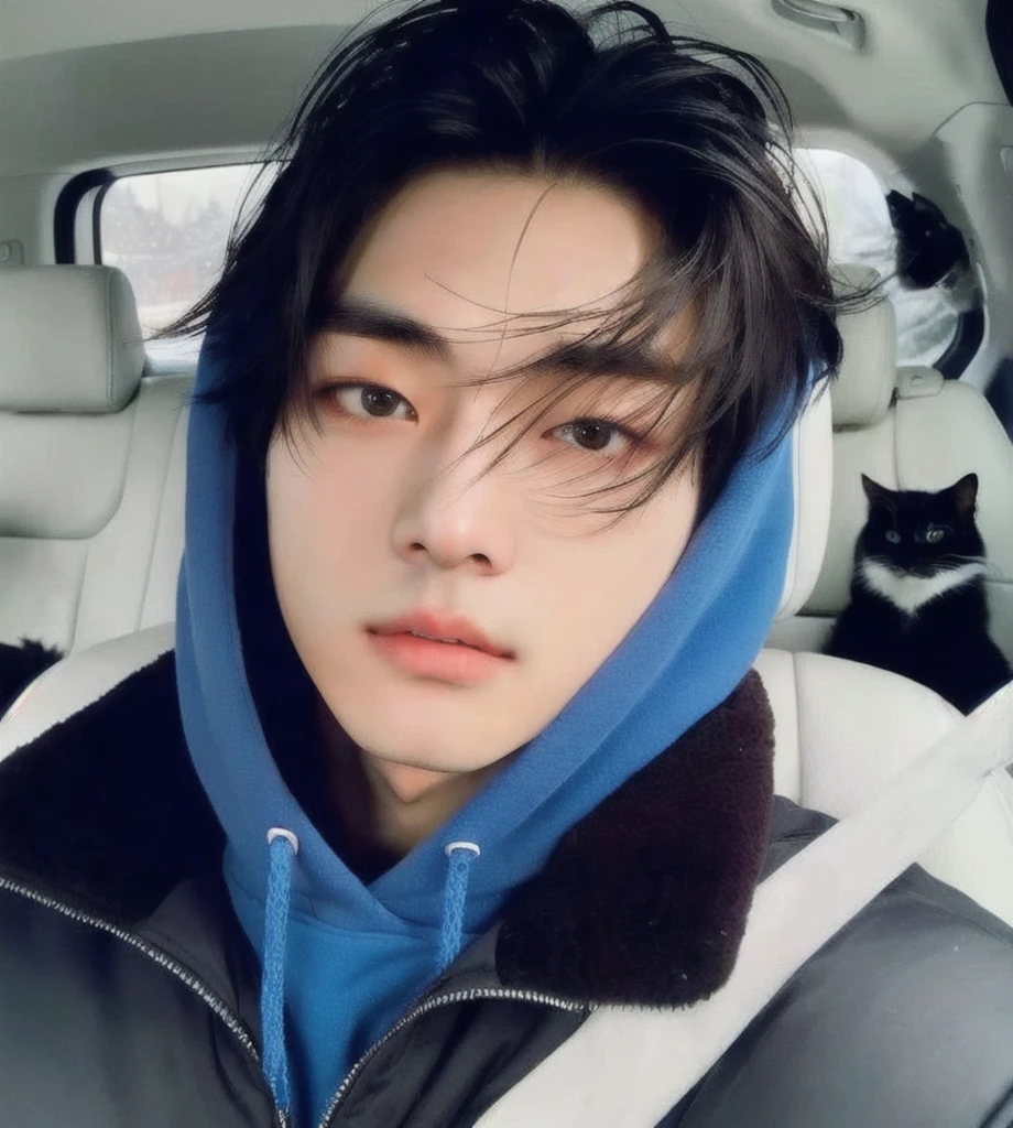 arafed man with a blue hoodie and a cat sitting in a car, male ulzzang, jung jaehyun, jinyoung shin, wan adorable korean face, jinyoung shin aesthetic, cai xukun, inspired by Zhang Han, ulzzang, south korean male, male ulzzang face, kpop boy, Korean face, Kim taehyung bts, bts, Kim taehyung