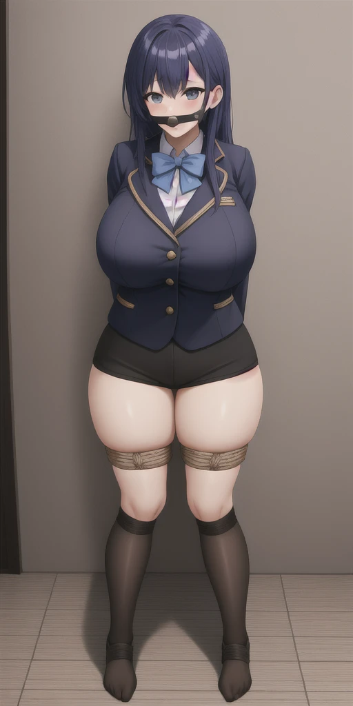 Too big breasts、gigantic breasts,bursting breasts、best quality, perfect skin、uniform、blazer、stockings、shirt、Leg spread、Bow-legged、 length_hair, Looking_in_Audience, Knee socks, bound, Bondage, bondage, rope, Suppressed, gag, shibari