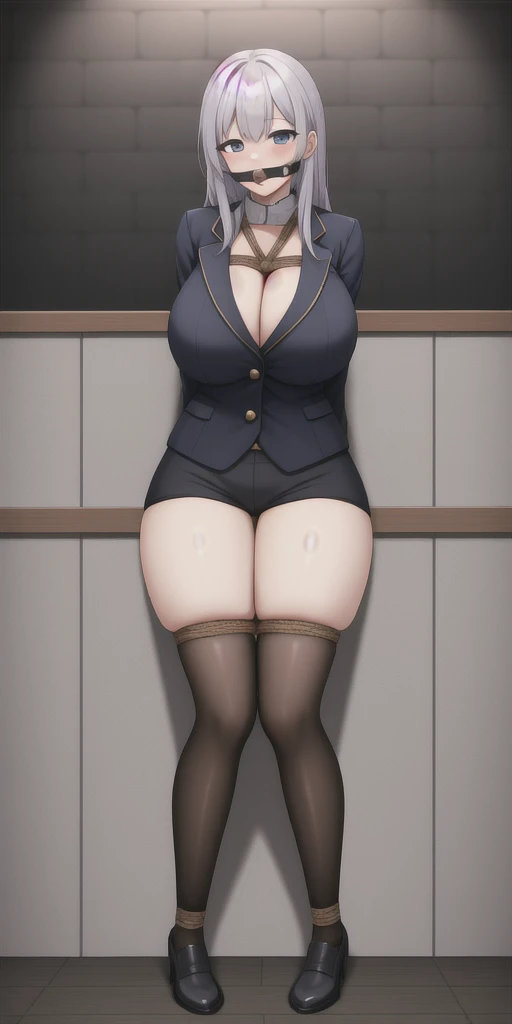 Too big breasts、gigantic breasts,bursting breasts、best quality, perfect skin、uniform、blazer、stockings、shirt、Leg spread、Bow-legged、 length_hair, Looking_in_Audience, Knee socks, bound, Bondage, bondage, rope, Suppressed, gag, shibari