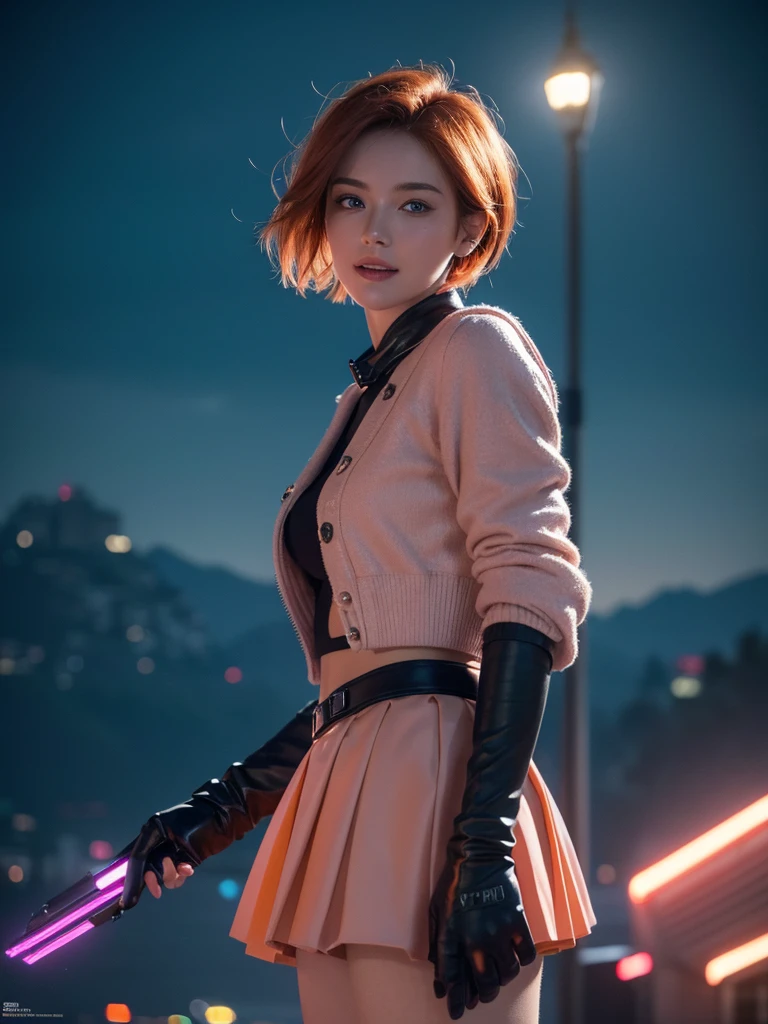 a beautiful girl with short orange hair and blue eyes, beautiful detailed eyes, beautiful detailed lips, extremely detailed eyes and face, longeyelashes, wearing a pink skirt, jacket, and gloves, striking a dynamic pose, looking at the viewer with a smile, night city environment, volumetric lighting, cinematic, hyperrealistic, extremely detailed, vivid colors, professional photography, concept art, masterpiece, (best quality,4k,8k,highres,masterpiece:1.2),ultra-detailed,(realistic,photorealistic,photo-realistic:1.37)