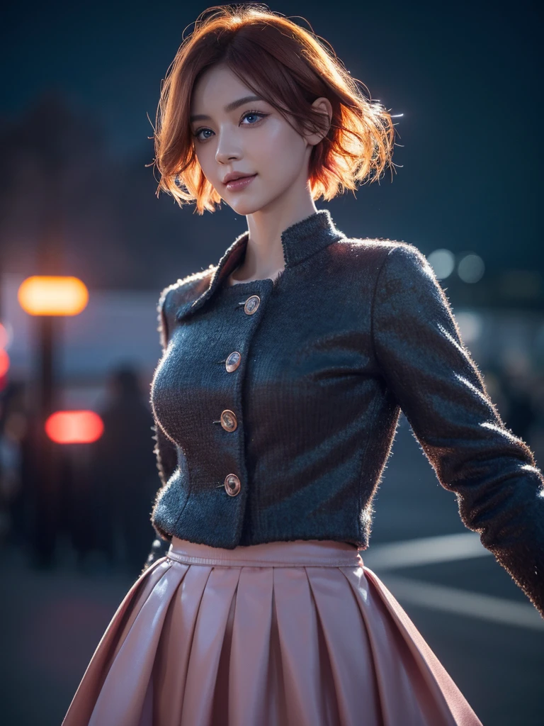 a beautiful girl with short orange hair and blue eyes, beautiful detailed eyes, beautiful detailed lips, extremely detailed eyes and face, longeyelashes, wearing a pink skirt, jacket, and gloves, striking a dynamic pose, looking at the viewer with a smile, night city environment, volumetric lighting, cinematic, hyperrealistic, extremely detailed, vivid colors, professional photography, concept art, masterpiece, (best quality,4k,8k,highres,masterpiece:1.2),ultra-detailed,(realistic,photorealistic,photo-realistic:1.37)