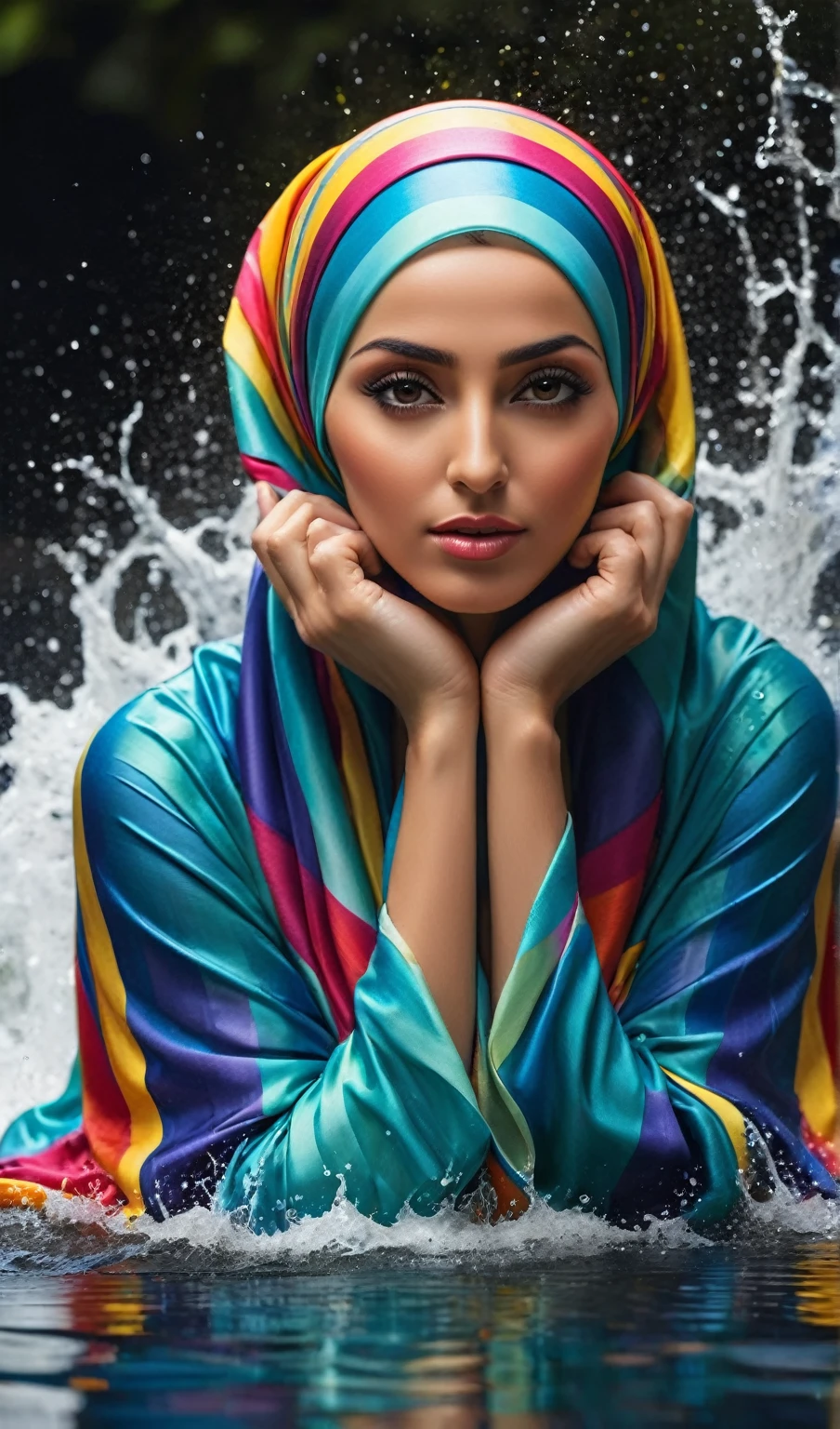 Masterpiece, top, very realistic, very detailed, original photo, a beautiful woman wearing a bright colored striped hijab, wearing a modern bright robe is sitting with her hands covering her ears facing the viewer. There is a dynamic splash of water that circles the person's head very realistically, creating a halo effect that is eye-catching and visually striking. The setting is dark, highlighting the contrast between the subject and the splashing water. Very detailed description