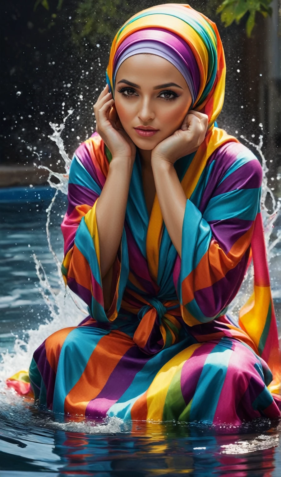 Masterpiece, top, very realistic, very detailed, original photo, a beautiful woman wearing a bright colored striped hijab, wearing a modern bright robe is sitting with her hands covering her ears facing the viewer. There is a dynamic splash of water that circles the person's head very realistically, creating a halo effect that is eye-catching and visually striking. The setting is dark, highlighting the contrast between the subject and the splashing water. Very detailed description
