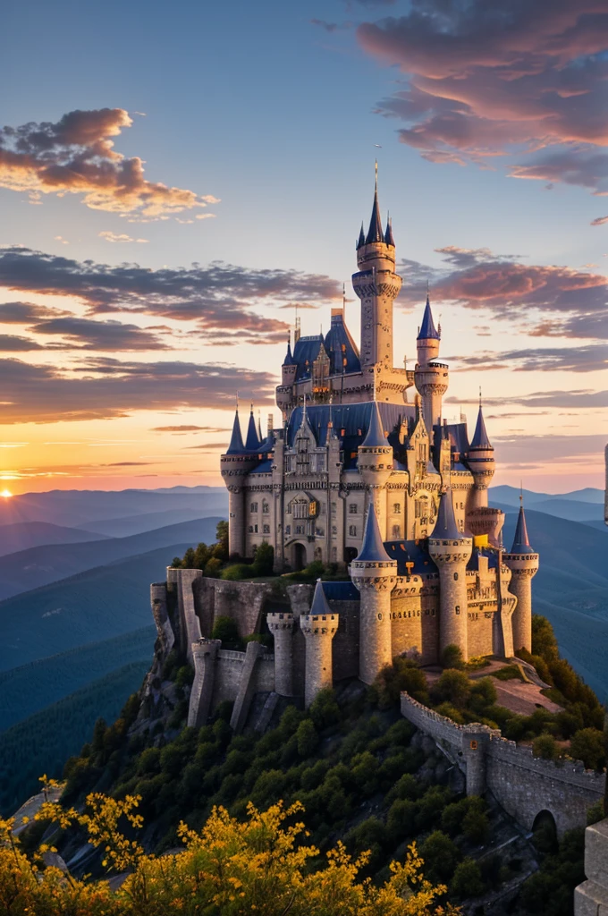 A castle with thirteen colored towers: yellow, blue, red, orange, purple, green, gray, silver, gold, brown, pink, light blue and white whose roofs are made of glass. On a mountain at sunset.