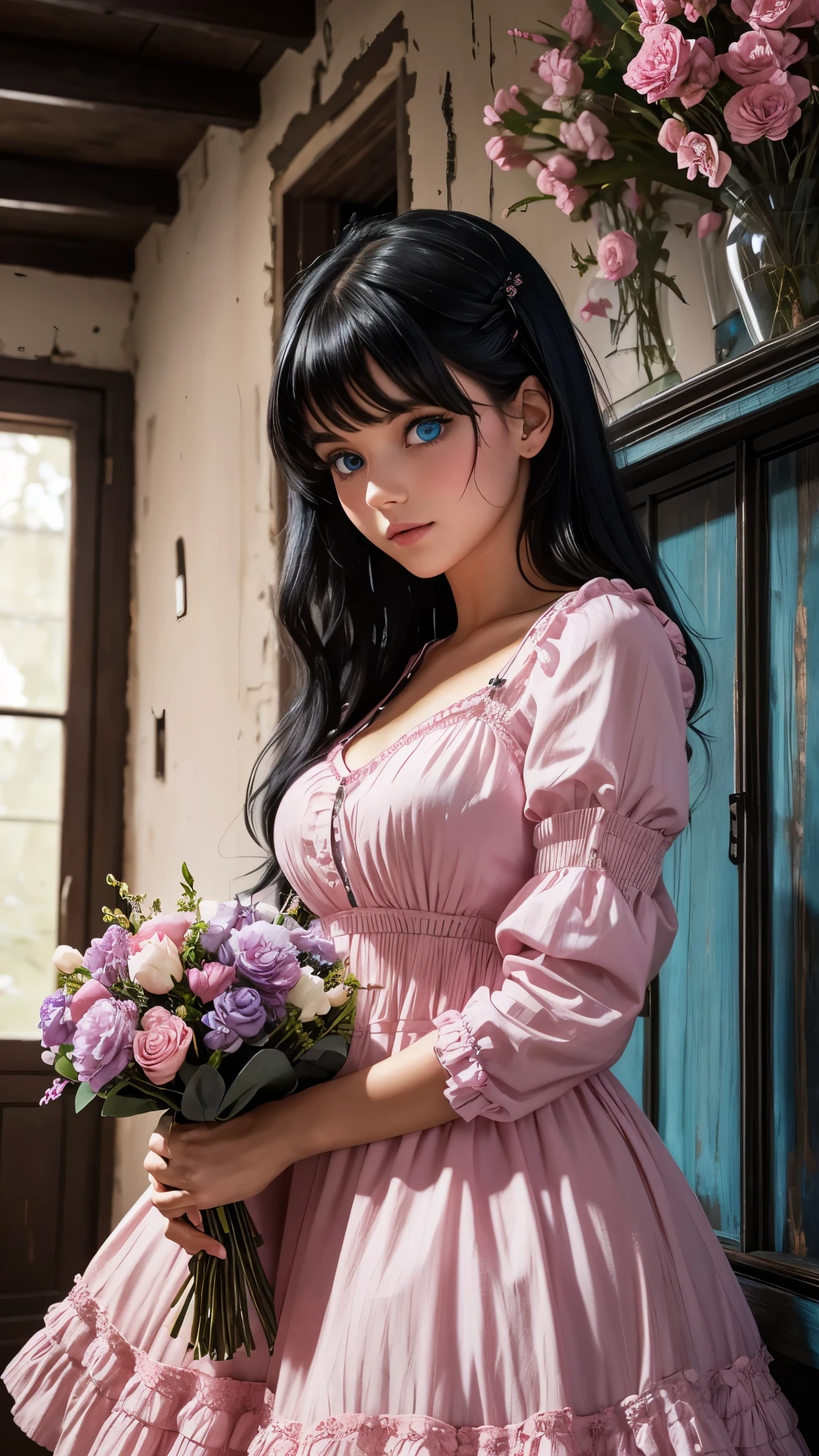 Beautiful girl with blue eyes and black hair wearing pink dress in an old house full of flowers