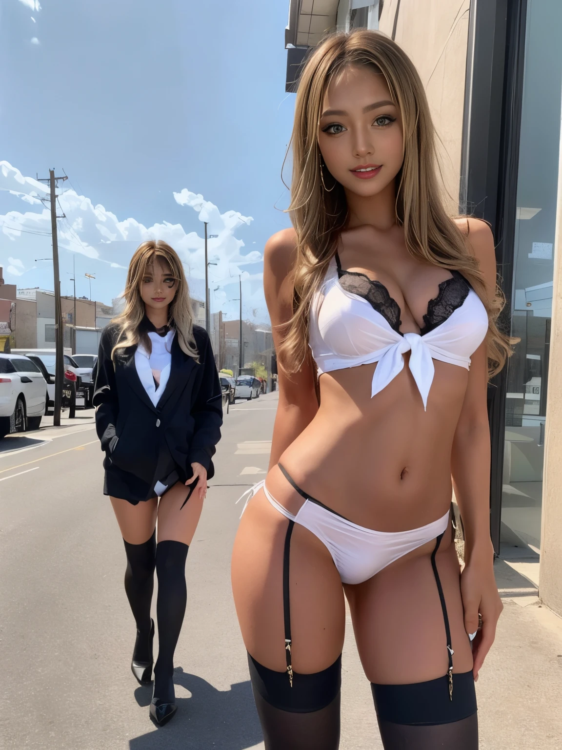 全nakedのTwo peopleの女子:1.7,((Two people20歳:2)),((Two people)),Dynamic Angle, Perfect body, night,moonlight,Exterior lights,Gal, (Anatomically correct),masterpiece, Highest quality, RAW Photos, Realistic, face,, Beautiful girls, cute, Written boundary depth, High resolution, Super detailed, detailed, ighly detailedd, Extremely detailed eye and realistic student, Pale, tanned skin,Two peopleで,woman,(Not wearing panties), (上半身naked:1.4),Spread your legs,Small hips, ((Sensual;1.5)), slim,blonde,Platinum Hair,Brown Hair,orange,Wavy Hair,Pixie Cut,Cosplay,building,intersection,stage,Pedestrian bridge,vending machine,night,深night,Blurred Background:1.2,White Panties,Pink Panties,Black Panties,GirlTwo people,Thin legs、Narrow waist、nakedにネクタイ、Gold and black line panties、Shallow panties above the crotch、Low-rise panties、String panties、Exposed breasts、Small nipples、Exact finger count、Exact number of legs、(Exact number of arms:1.0, Exact number of hands:1.0), (Perfect hands, Perfect Anatomy), Cinematic, Realistic, Extremely detailed CG, Daytime lighting, Perfect lighting, Best Shadow, The best natural light, whole body, Perfect body, (Slender body:1.2), ((Walking side by side２人の美しいwoman:1.6)), ((High heels:1.3), (Sexy and cute black underwear:1.3), (Stylish shiny black satin panties, Side tie panties:1.3), (Thin panties:1.3), (Black Micro Lace Satin Bra, Thin bra:1.3), (garter belt, Knee socks:1.3):1.3), (Beautiful breasts:1.2), (Beautiful and thin thighs:1.3), (Short torso:1.3), Feeling embarrassed, (blush:1.2), (Very embarrassed look:1.4), , naked, In underwear, Waitress in underwear,, whole body, Angle from the front,smile、