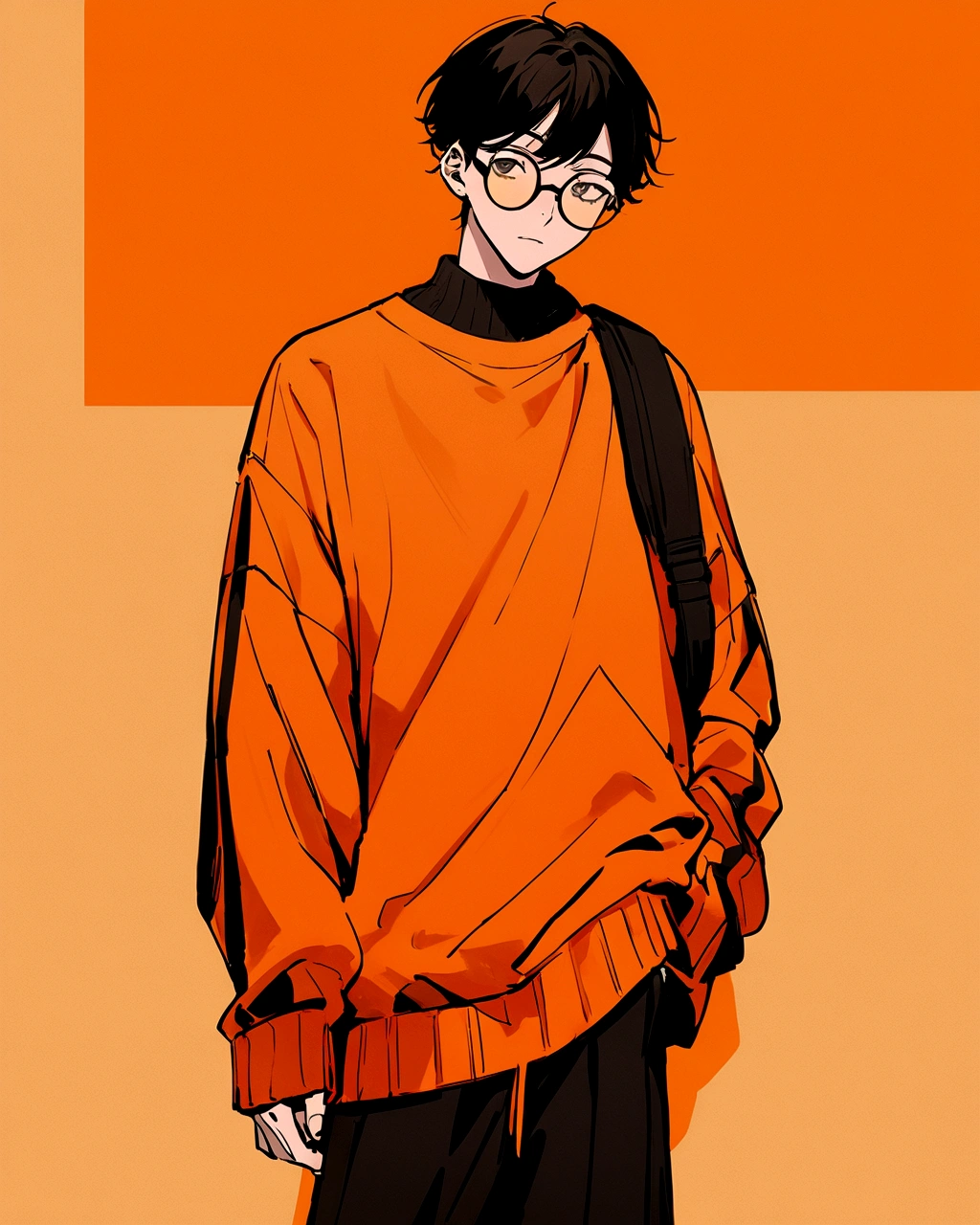 An illustration of a teenage boy with a stylish and relaxed appearance, set against an orange background. The boy has light is wearing round glasses. He is dressed in an oversized orange sweater with black accents, paired with black shorts. The overall style is minimalist and modern, with clean lines and a focus on the contrasting colors of orange and black. The illustration has a fashionable and trendy feel, with the boy standing casually, his hand in his pocket. The image should convey a cool and laid-back vibe."