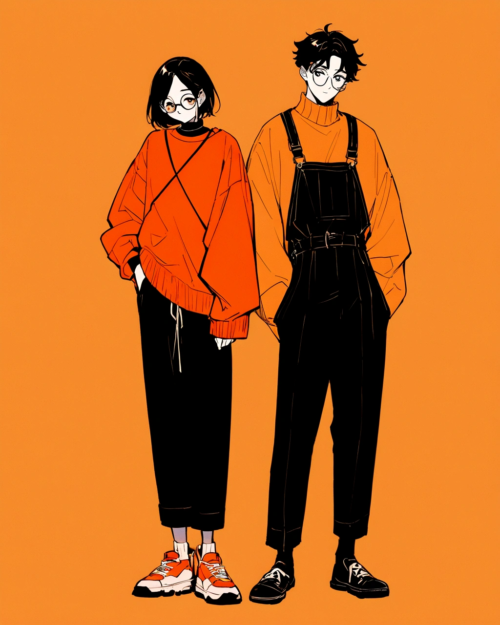 An illustration of a teenage boy with a stylish and relaxed appearance, set against an orange background. The boy has light is wearing round glasses. He is dressed in an oversized orange sweater with black accents, paired with black shorts. The overall style is minimalist and modern, with clean lines and a focus on the contrasting colors of orange and black. The illustration has a fashionable and trendy feel, with the boy standing casually, his hand in his pocket. The image should convey a cool and laid-back vibe."