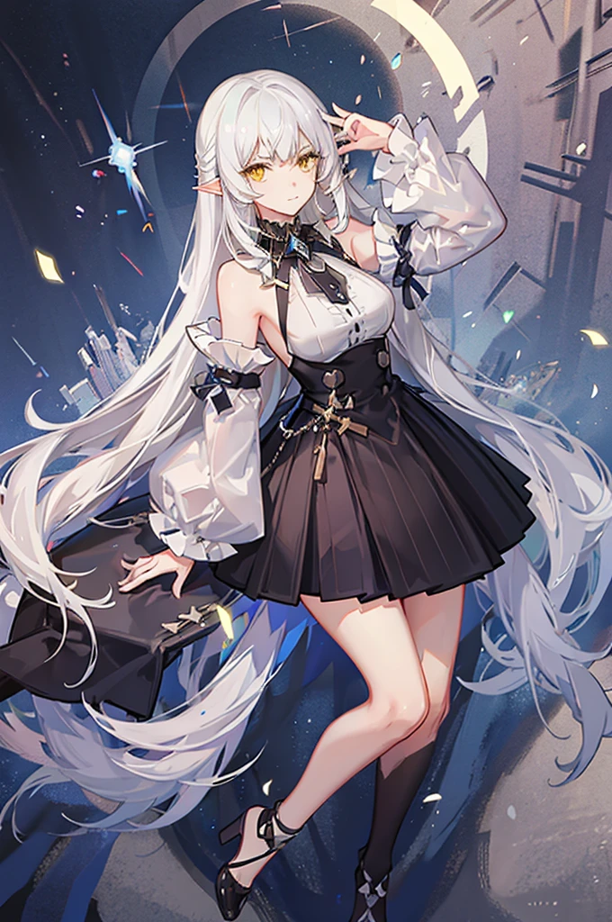 1 girl, One, long hair, yellow eyes, White hair, bare shoulders, skirt, breast, cut off sleeves,bang, long sleeves, hair flaps, closed mouth, black skirt,, shirt, pointed ears, 