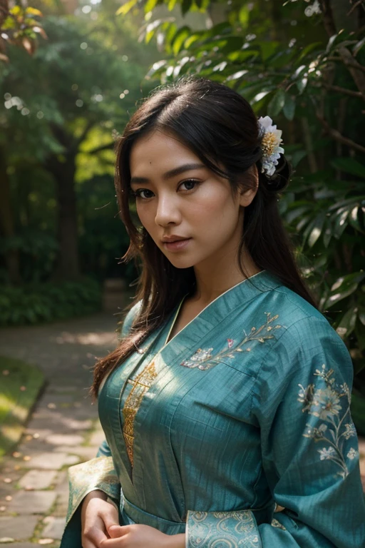 a beautiful asian woman wearing traditional clothing, detailed textures, vibrant colors, serene outdoor landscape with lush greenery and sunlight filtering through trees, peaceful atmosphere, traditional pose, authentic setting, realistic portrayal, (best quality,4k,8k,highres,masterpiece:1.2),ultra-detailed,(realistic,photorealistic,photo-realistic:1.37),extremely detailed face and eyes,beautiful detailed lips,longeyelashes,cinematic lighting,intricate details,traditional art style,stunning colors