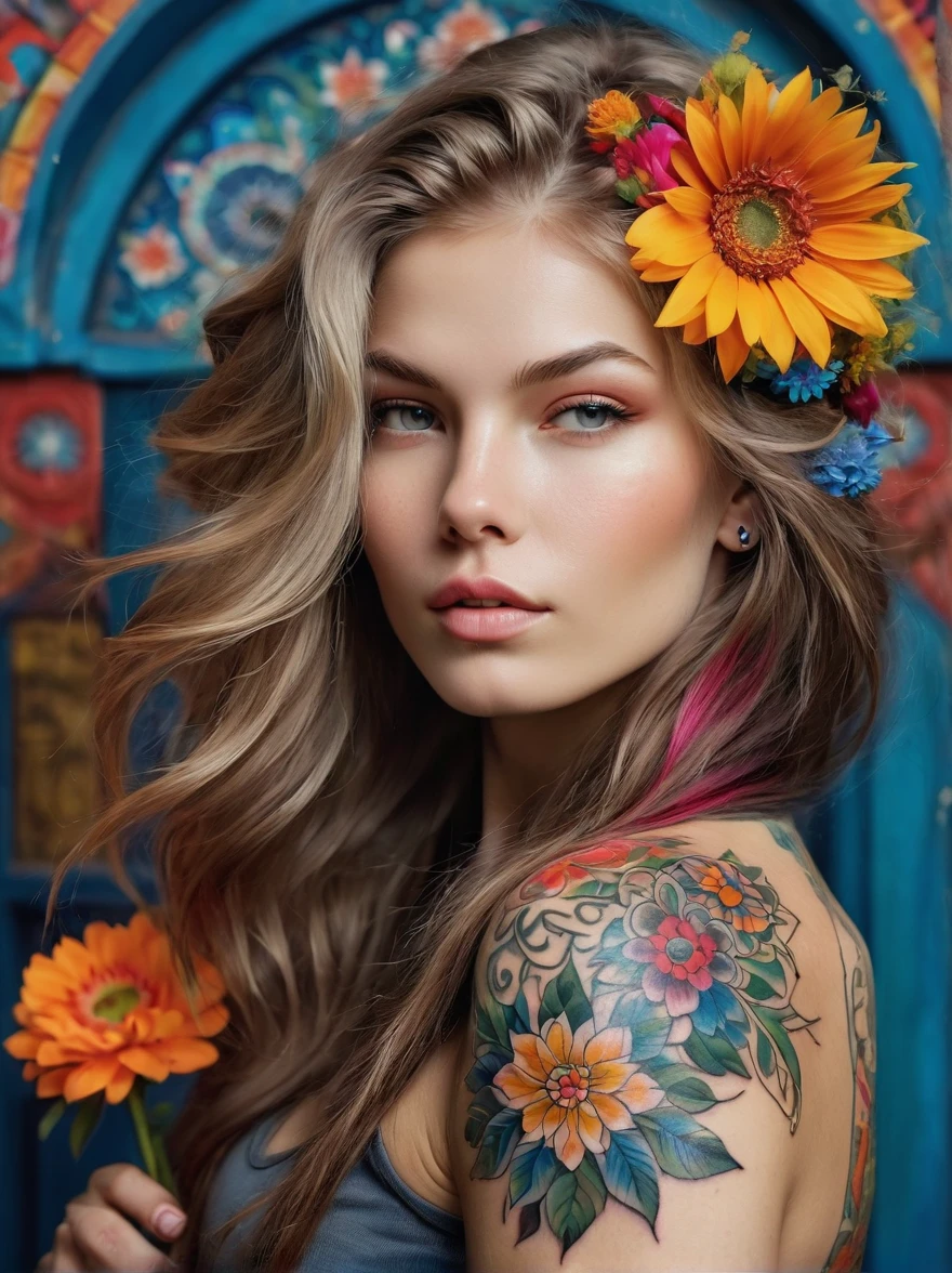 (Rebellious Russian girl),Brightly colored tattoos on arms:1.3),provocative gestureedium flowing hair,The happy expression is bold and bright,Detailed flowers and mandalas,anatomically correcte, texturized skin, In front of a naturalistic background,Add whimsy to the scene, To enhance the sharpness and modernity of the scene,Sharp lines,Bold stroke numbers, front view