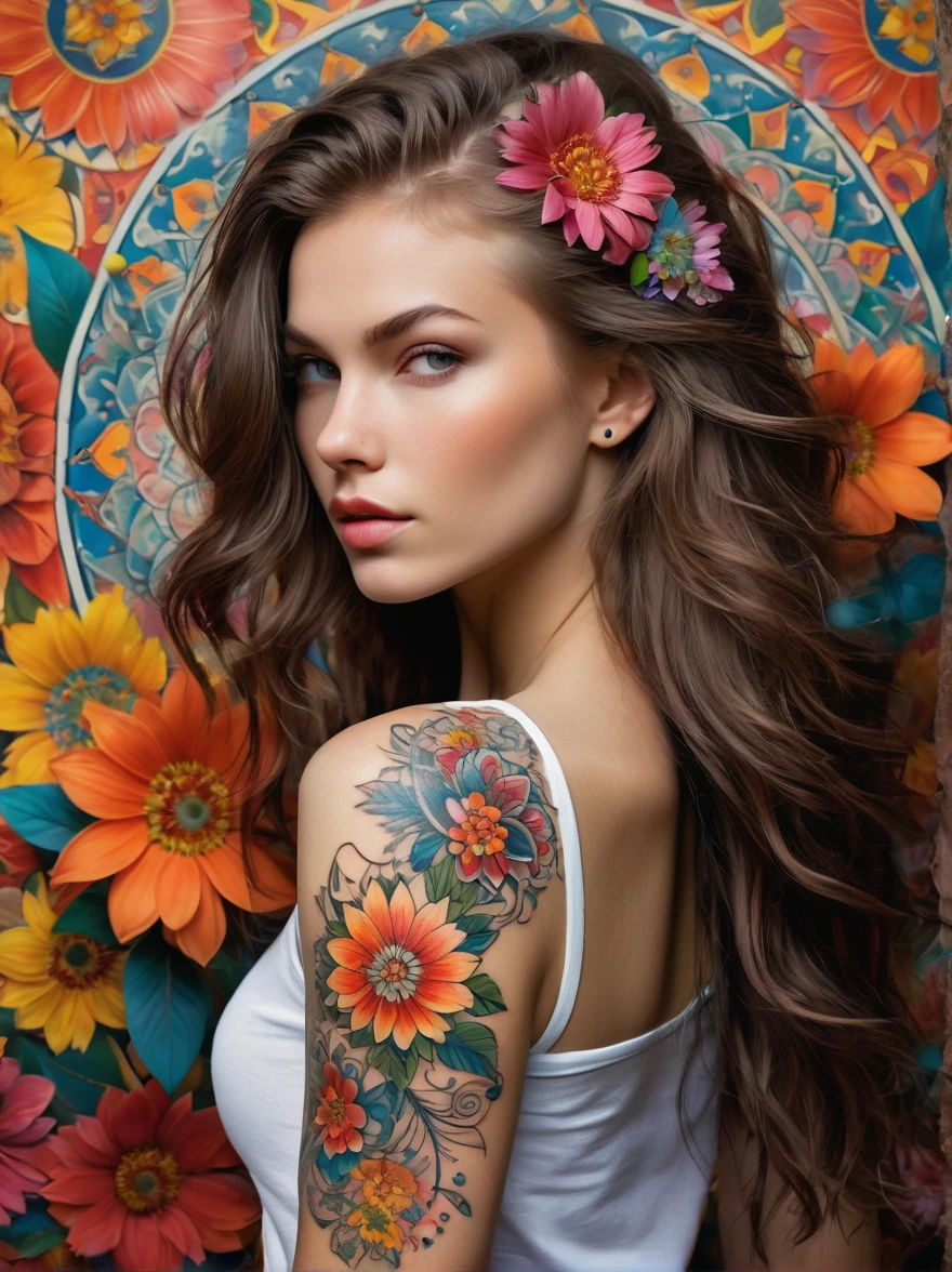 (Rebellious Russian girl)，Brightly colored tattoos on arms:1.3)，provocative gestureedium flowing hair，The happy expression is bold and bright，Detailed flowers and mandalas，anatomically correcte, texturized skin, In front of a naturalistic background，Add whimsy to the scene, To enhance the sharpness and modernity of the scene，Sharp lines，Bold stroke numbers, front view