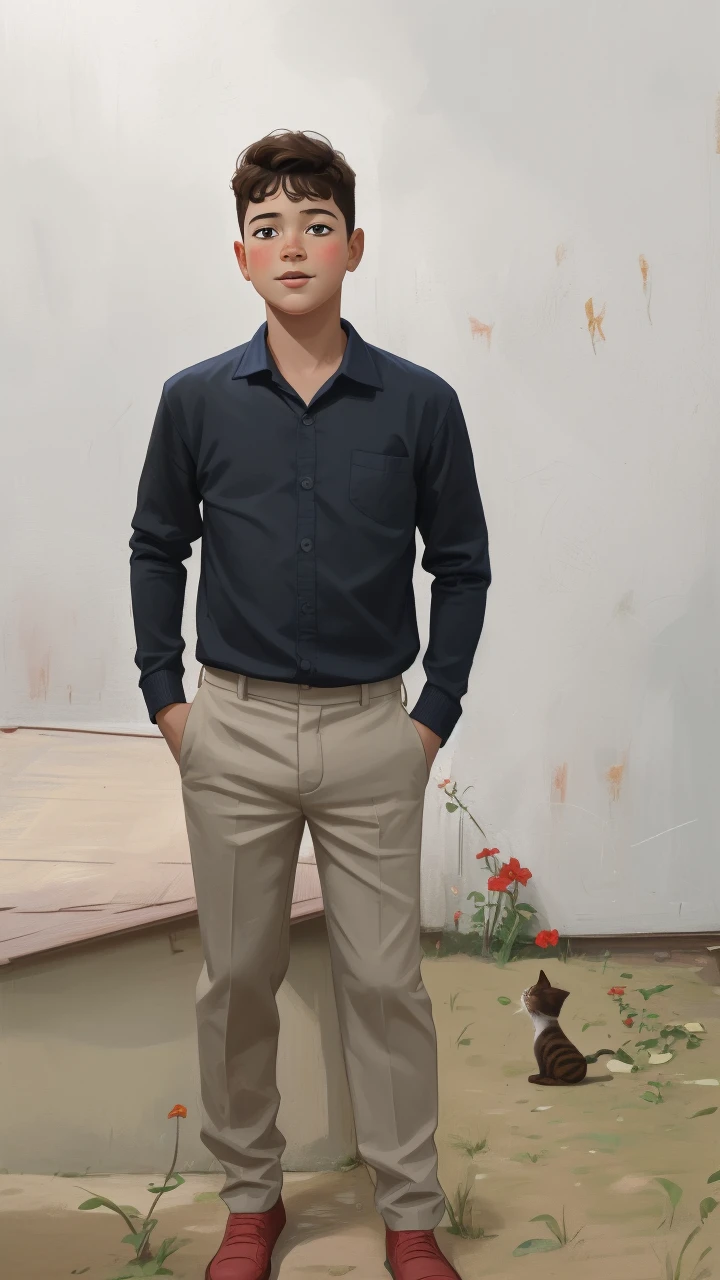 Realistic portrait of a seven-year-old boy, He wears a red shirt . His face is childish and exploratory . He goes out cautiously into the garden of the house, A small cat is among the bushes and he touches it cautiously ,Not facing the camera,, Hair is untidy ,