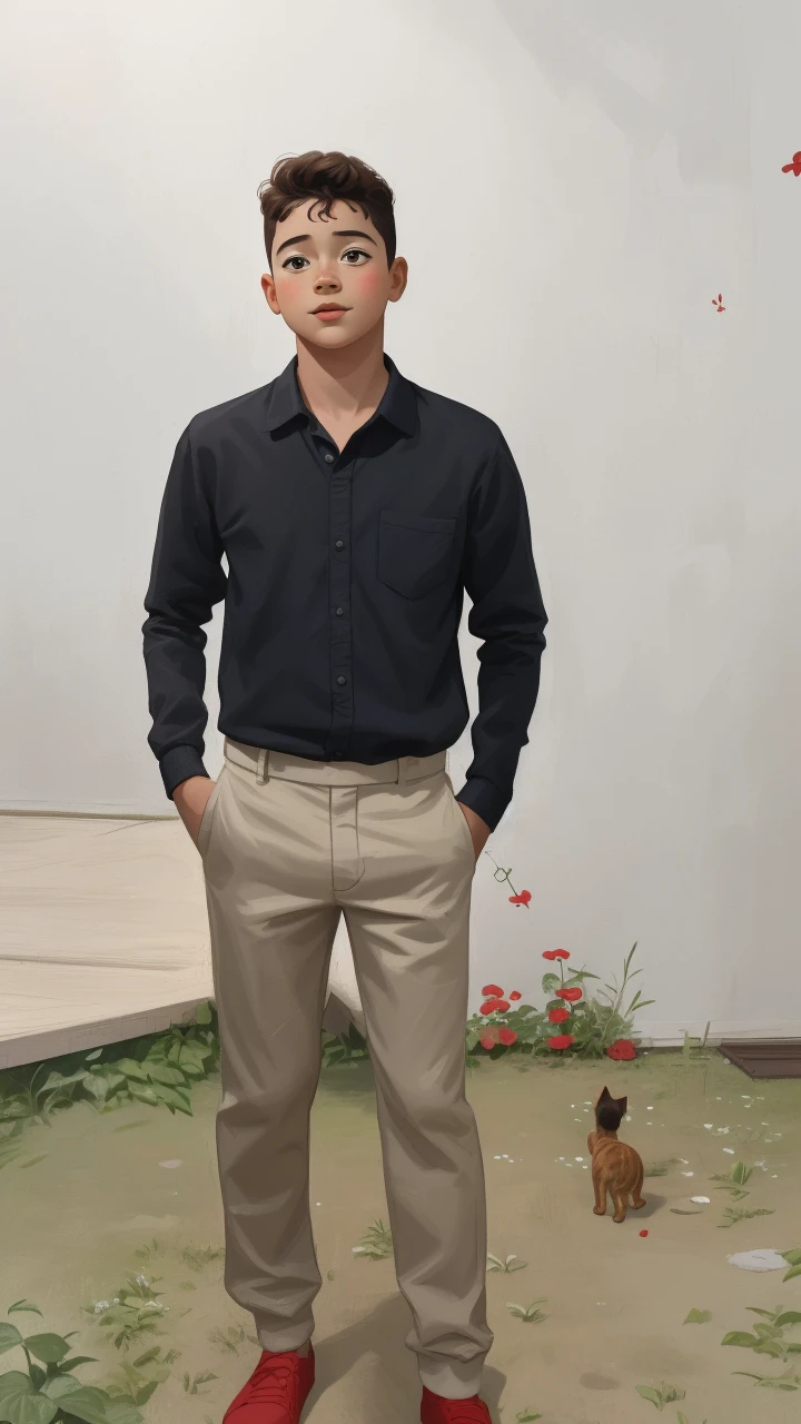 Realistic portrait of a seven-year-old boy, He wears a red shirt . His face is childish and exploratory . He goes out cautiously into the garden of the house, A small cat is among the bushes and he touches it cautiously ,Not facing the camera,, Hair is untidy ,