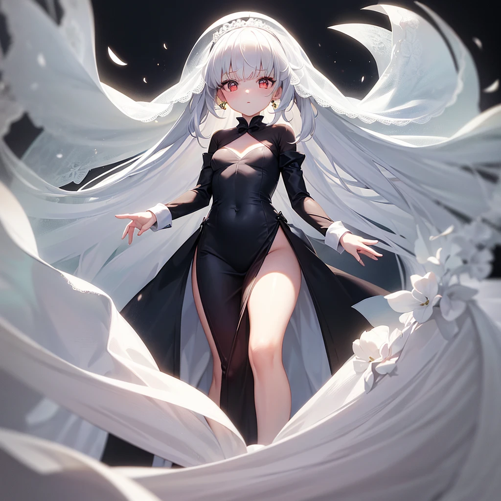 (((White Wedding Dress))), ((Revealing clothing)),((In a naughty way)),Cute little ,Tiny Lori,Small girl,,Childish face, Very fine clean face,Top quality, Big eyes,Straight Hair,Yellow hair,Crimson Eye,(Dark Room), Subtle light, Natural light,Soft lighting,Light from directly behind, (Are standing), Cute pose, (Open your hands), Showing the whole body,Front view,Black background