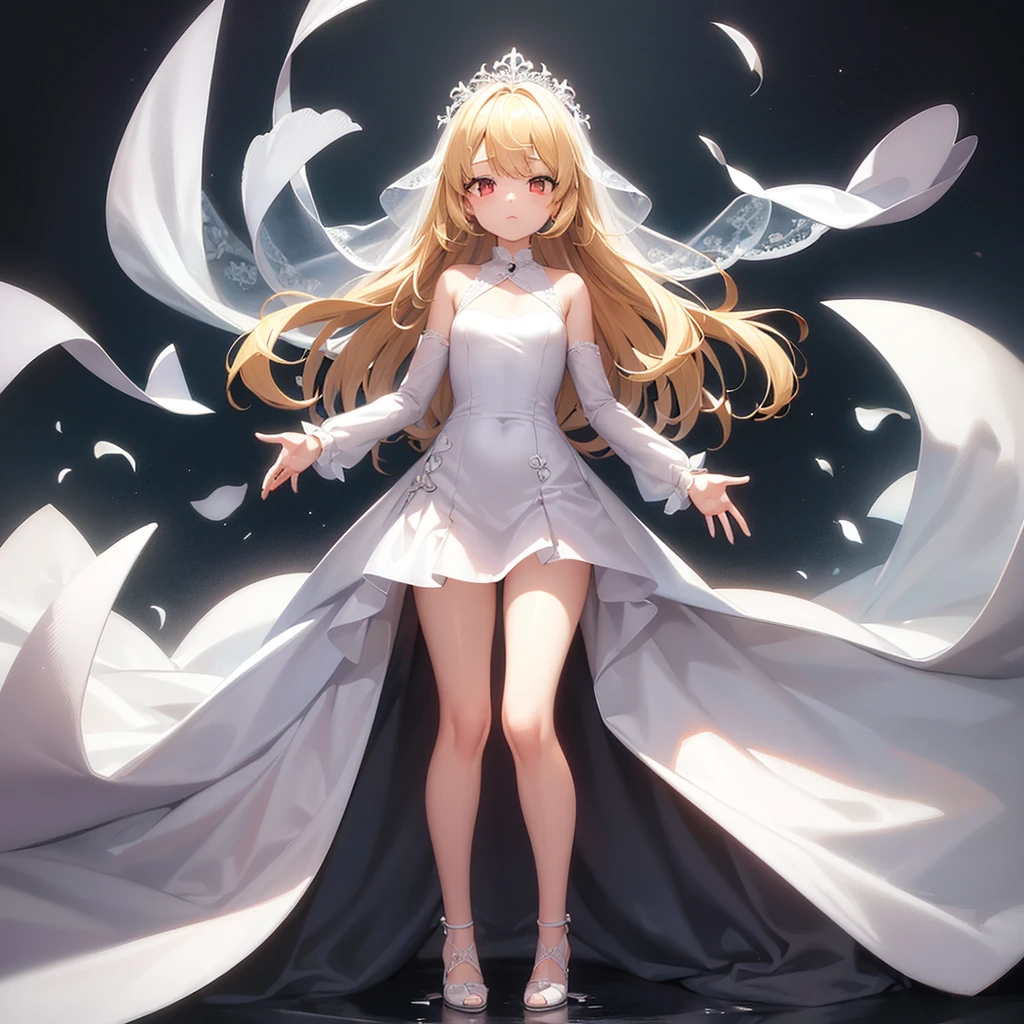 (((White Wedding Dress))), ((Revealing clothing)),((In a naughty way)),Cute little loli,Tiny Lori,Small girl,,Childish face, Very fine clean face,Top quality, Big eyes,Straight Hair,Yellow hair,Crimson Eye,(Dark Room), Subtle light, Natural light,Soft lighting,Light from directly behind, (Are standing), Cute pose, (Open your hands), Showing the whole body,Front view,Black background